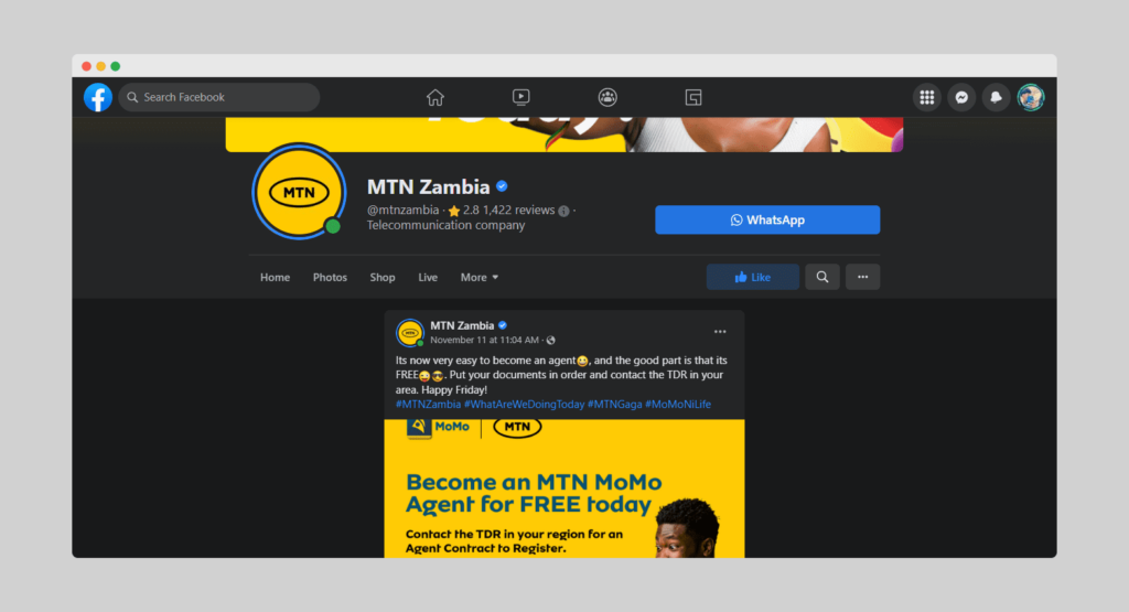MTN Zambia Facebook page